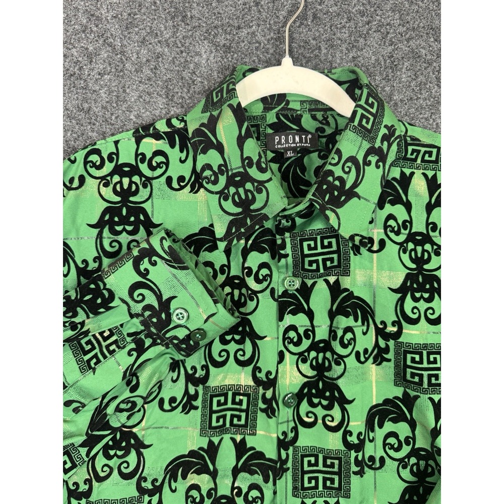 Pronti Collection by Phita Mens XL Green Black Flocked Button Up Shirt Nightlife